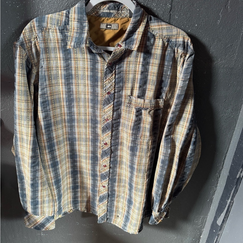REI Men's Casual Button Snap Plaid Shirt - Blue, Yellow, Cream